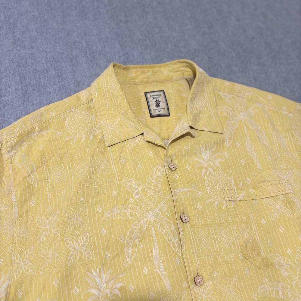 Jamaica Jaxx Mens‎ XL Yellow 100% Silk Jacquard Tropical Pineapple Camp Shirt